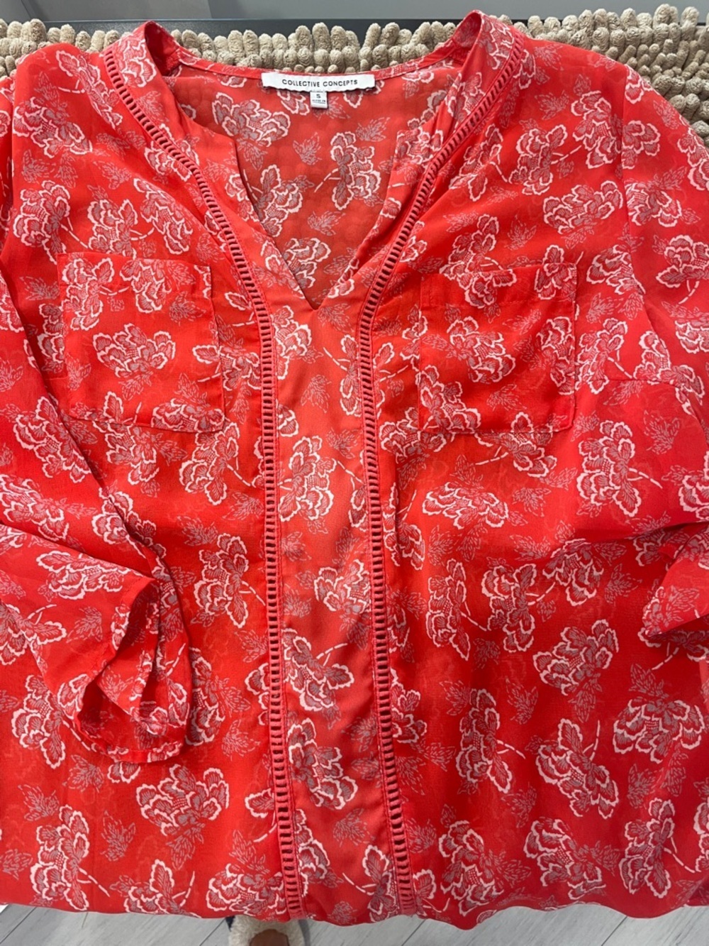 Collective Concepts Coral-Red Floral Split-Neck Blouse